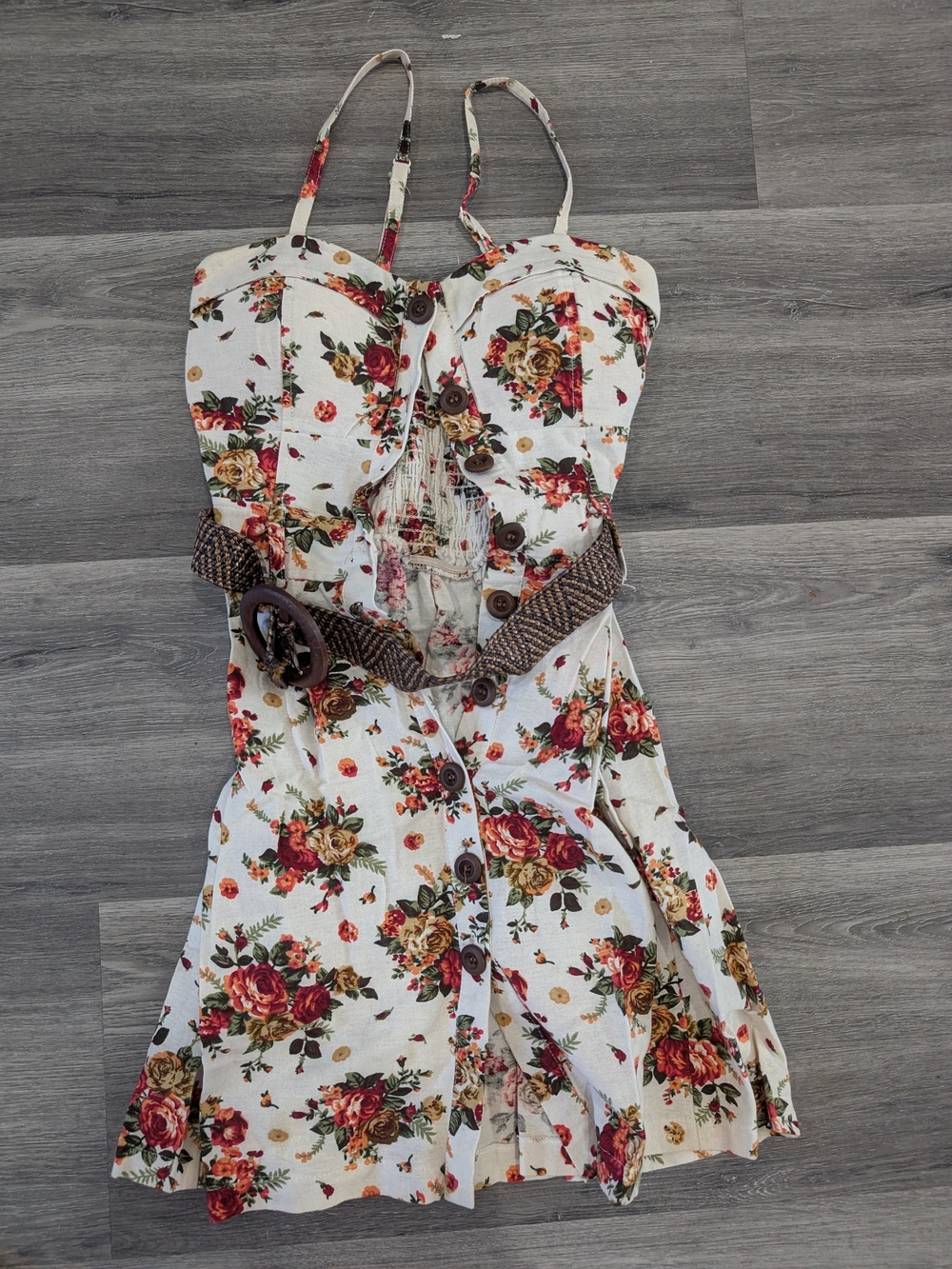 Floral Button-Front Spaghetti Strap Dress - White with Red Rose Print